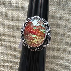 Faceted, pink, and yellow dichroic ring Size 8